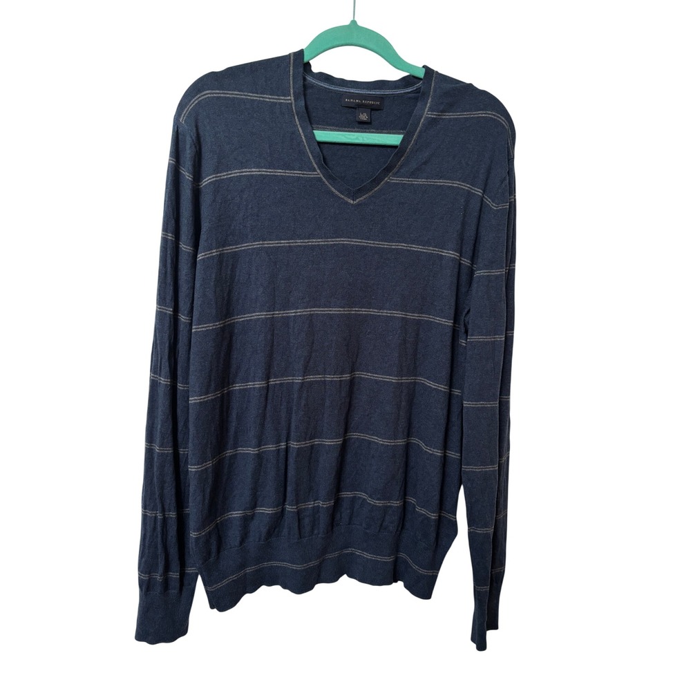 Banana Republic Mens Navy Blue Striped Silk Cotton Cashmere V-Neck Sweater L